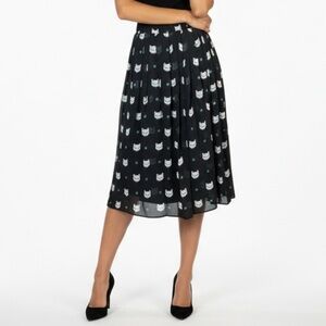 Cat Print Midi Skirt Sz 8 Black Chiffon Whimsical Novelty Boho Quirky